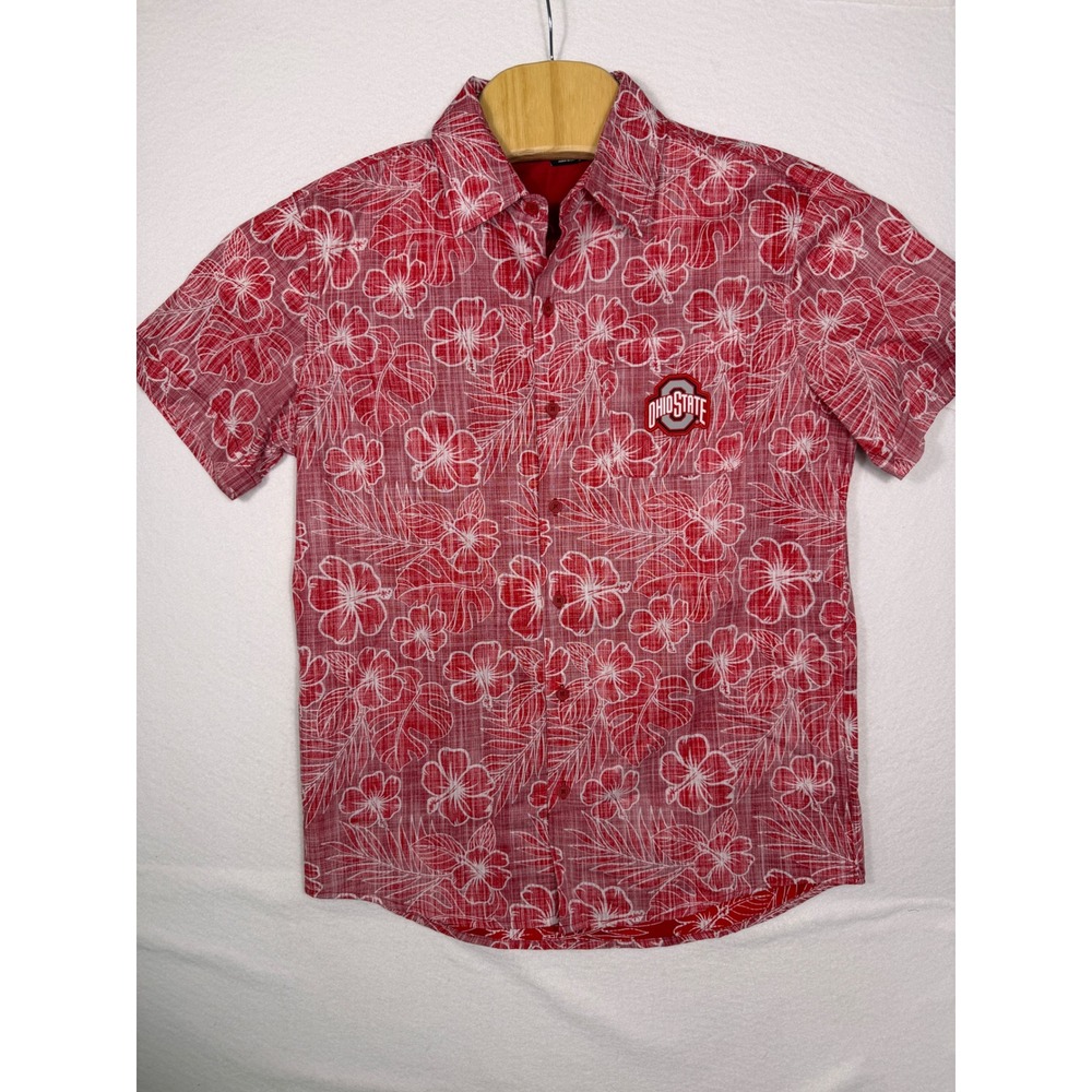 Campus Collection Ohio‎ State Button Down Men MED Red Floral Hibiscus Camp Shirt